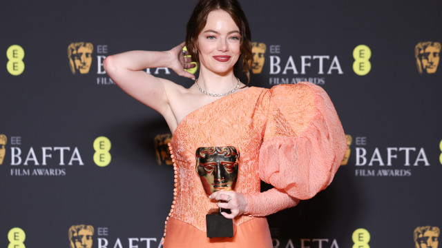 Emma Stone poses in the press room after winning the Best Leading Actress award for Poor Things during the BAFTA Film Awards at the Royal Festival Hall in London, Britain, 18 February 2024